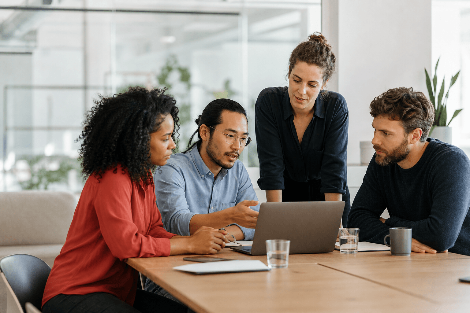 A team reviewing work together around a laptop